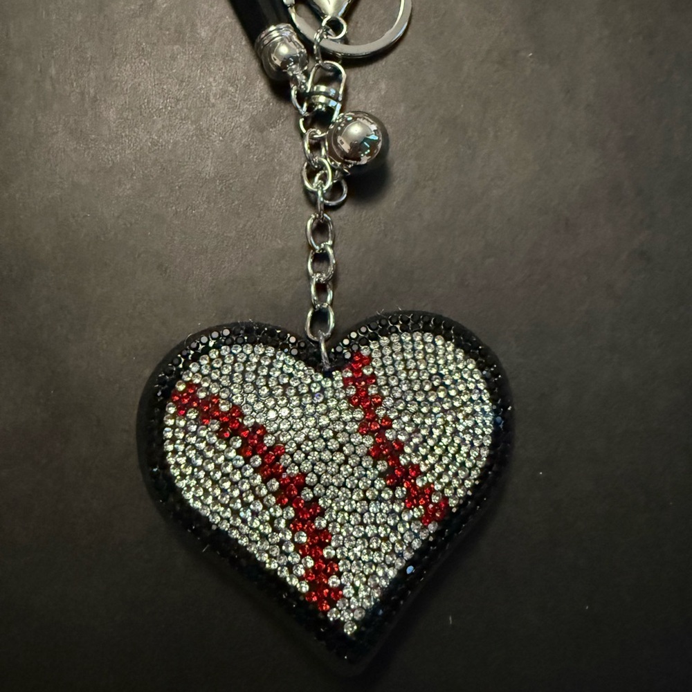 Rhinestone Heart Baseball Keychain - Black & Red